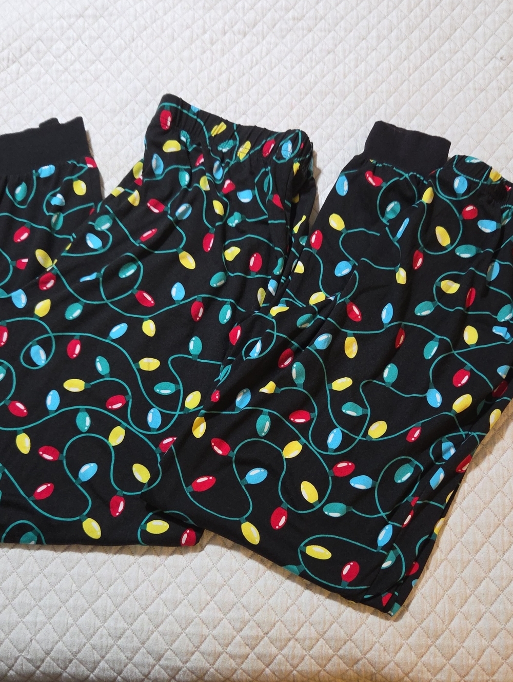 Adult Black Holiday Light Print Pajama Pants, 2 Pair